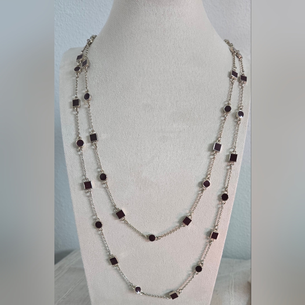 Ann Taylor Fashion Necklace Silvertone with Red Station Accents EUC 40" Approx